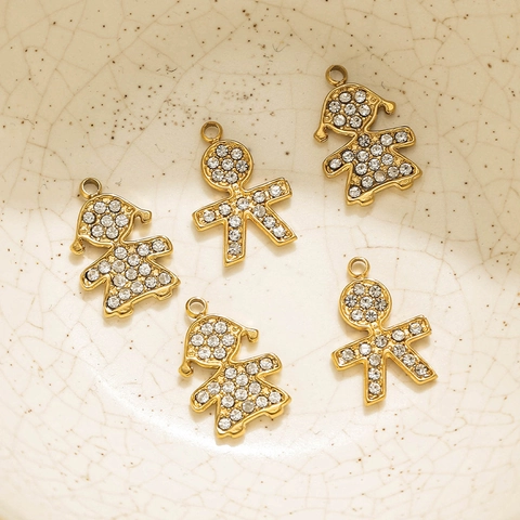 Pendentif en Acier Inoxydable Plaqué Or Forme de Garçon et Fille Strass Charms pour DIY Bijoux Collier Bracelet