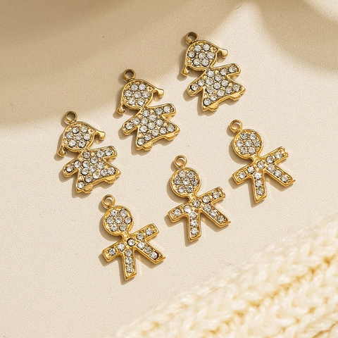 Pendentif en Acier Inoxydable Plaqué Or Forme de Garçon et Fille Strass Charms pour DIY Bijoux Collier Bracelet