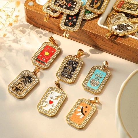 Vintage 304 Stainless Steel Tarot Card DIY Pendant Rectangular Enamel Rhinestone Sun Star Moon Charm For Jewelry Making