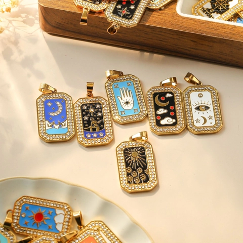 Vintage 304 Stainless Steel Tarot Card DIY Pendant Rectangular Enamel Rhinestone Sun Star Moon Charm For Jewelry Making