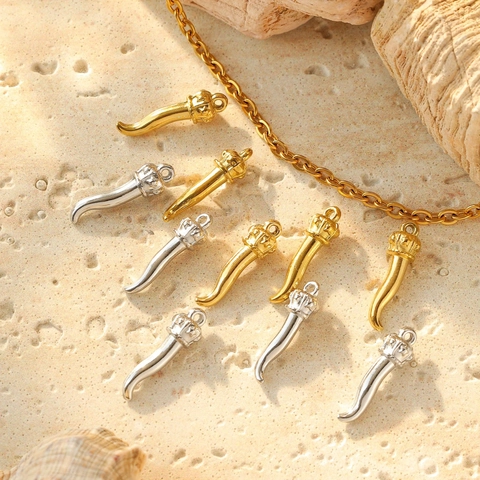 Stainless Steel Italian Horn Cornicello Charms For Jewelry Making Lucky Amulet Crown Top Pepper Pendants For DIY Necklace Bracelet