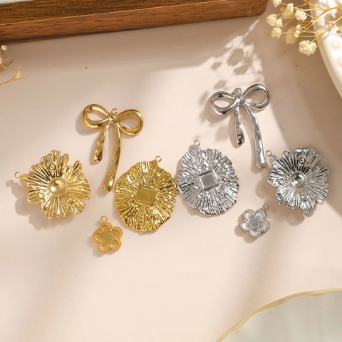 304 Stainless Steel Flower Bow-knot Pendants Irregular Textured Charms For DIY Jewelry Making Vintage Gold Silver Findings