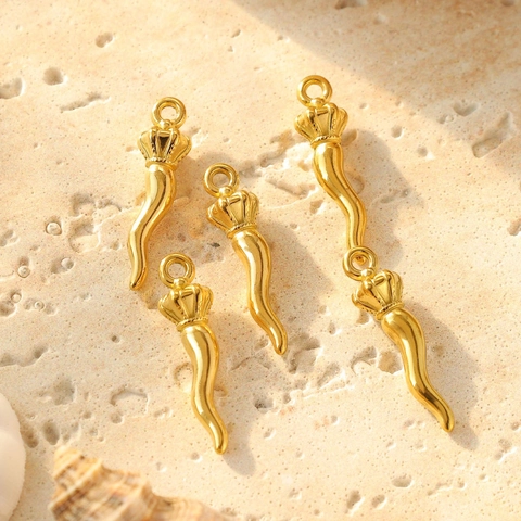 304 Stainless Steel Cornicello Italian Horn Pendant With Crown Top For DIY Necklace Bracelet Earring Jewelry Making Accessory