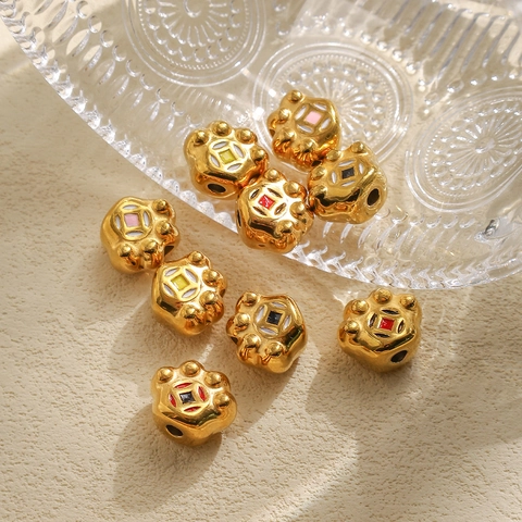304 Stainless Steel Cat Paw Beads Gold Plated Enamel Chinese Coin Design For DIY Jewelry Making Bracelet Necklace Accessories