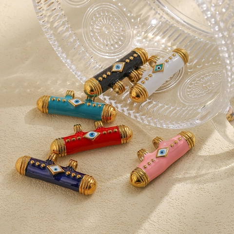 Stainless Steel Evil Eye Enamel Tubular Pendant Double Loop Cylinder Beads For DIY Jewelry Making Bohemian Necklace Accessory