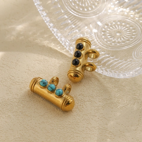 304 Stainless Steel Cylinder Synthetic Turquoise Inlaid Pendant Vintage Ethnic Double Hole DIY Jewelry Making Finding