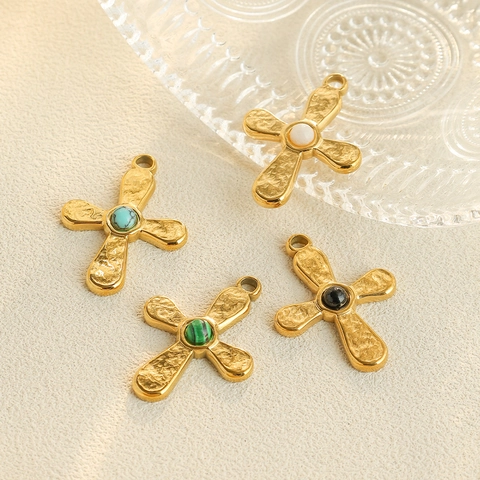 Colgante de Cruz Martillada de Acero Inoxidable 304 Piedra Natural Flor DIY Accesorios para Fabricación de Joyas