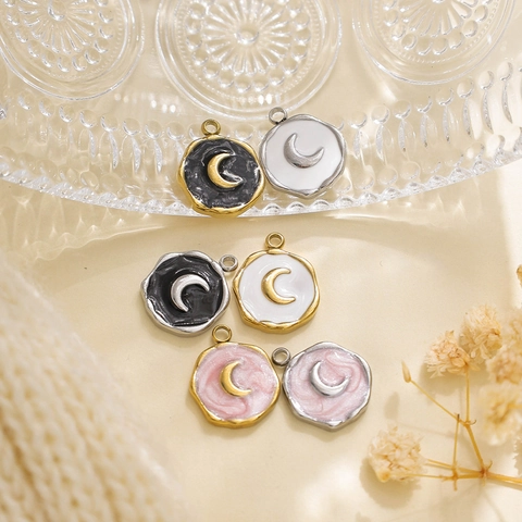 Stainless Steel Round Moon Pendant Enamel Oil Drip Crescent Tag DIY Necklace Bracelet Jewelry Making Accessories For Women Men