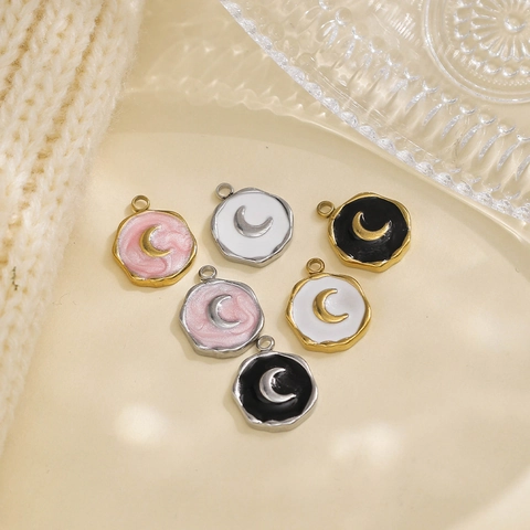 Stainless Steel Round Moon Pendant Enamel Oil Drip Crescent Tag DIY Necklace Bracelet Jewelry Making Accessories For Women Men