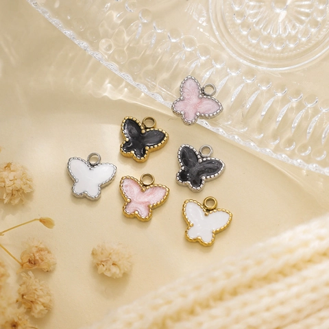 Pendentif Papillon en Acier Inoxydable Mini Charm en Émail Bord Perlé Collier DIY Accessoires de Bijoux pour Femmes Fabrication