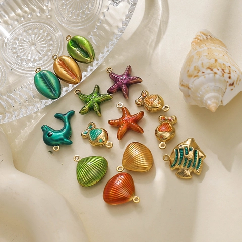 304 Stainless Steel Marine Theme Pendants Dolphin Shell Starfish Fish Colorful DIY Jewelry Making Accessories Charms