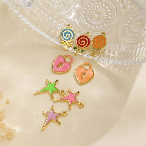 304 Stainless Steel Lollipop Heart Lock Star Pendants Drip Oil Enamel Charms For DIY Necklace Bracelet Jewelry Making