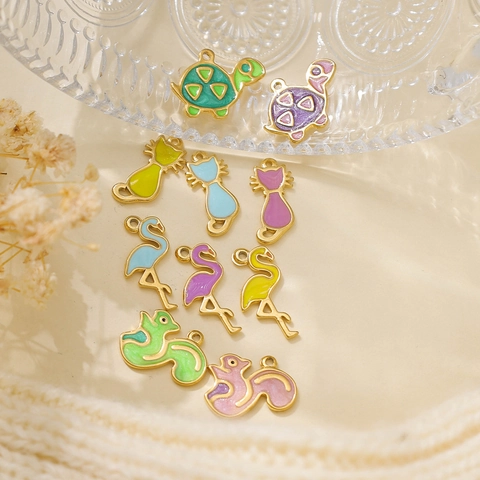 304 Stainless Steel Cartoon Animal Pendants Colorful Enamel Cat Turtle Squirrel Flamingo For DIY Jewelry Making Findings Necklace Crafts