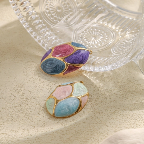 304 Stainless Steel Oval Enamel Pendant Geometric Color Splicing Charm For DIY Necklace Earring Making Vintage Women Jewelry Accessory