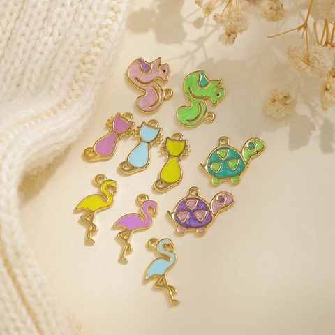 304 Stainless Steel Cartoon Animal Pendants Colorful Enamel Cat Turtle Squirrel Flamingo For DIY Jewelry Making Findings Necklace Crafts