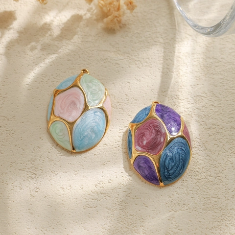 304 Stainless Steel Oval Enamel Pendant Geometric Color Splicing Charm For DIY Necklace Earring Making Vintage Women Jewelry Accessory