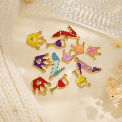 Stainless Steel DIY Jewelry Charms Enamel Crown High Heel Wine Glass Pendants For Bracelet Necklace Keychain Accessories