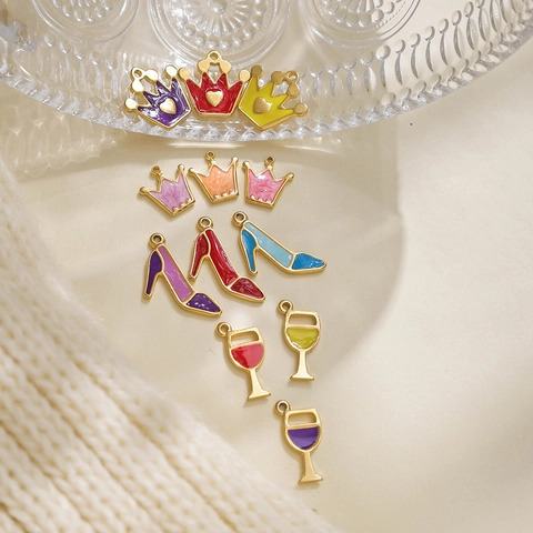Stainless Steel DIY Jewelry Charms Enamel Crown High Heel Wine Glass Pendants For Bracelet Necklace Keychain Accessories