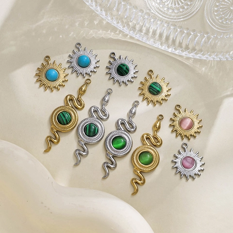 304 Edelstahl Schlange Sonnenblume Anhänger Mit Türkis Katzenauge Malachit Für DIY Schmuck Halskette Herstellung