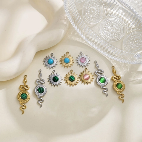 304 Edelstahl Schlange Sonnenblume Anhänger Mit Türkis Katzenauge Malachit Für DIY Schmuck Halskette Herstellung
