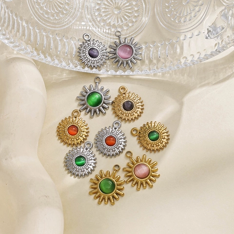 Pendentifs Fleur de Disque Solaire en Acier Inoxydable 304 Avec Pierre d'Oeil de Chat Accessoires de Bijoux DIY pour Collier