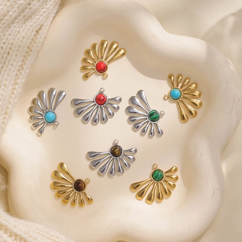 French Vintage 304 Stainless Steel Fan Shaped Pendant Inlaid Artificial Stone Flower Petal Charm For DIY Jewelry Making