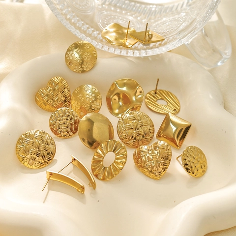 304 Stainless Steel DIY Earring Findings Gold Plated Heart Round Geometric Textured Earring Posts For Jewelry Making