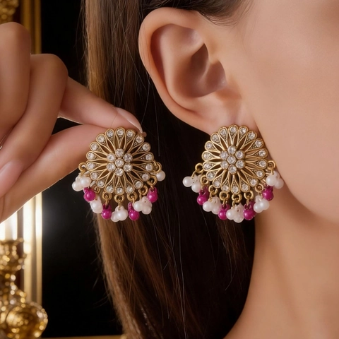 Bohemian Alloy Rhinestone Drop Earrings Ethnic Hollow Out Round Tassel Earrings With Stainless Steel Post Women Retro Jewelry