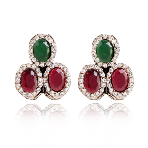 Vintage Alloy Resin Rhinestone Stud Earrings For Women Antique Gold Geometric Gemstone Cluster Bohemian Party Jewelry