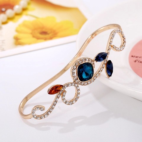 Luxury Zinc Alloy Rhinestone Leaf Flower Palm Cuff Ring Bracelet Vintage Geometric Colorful Gemstone Hand Jewelry Women Accessories