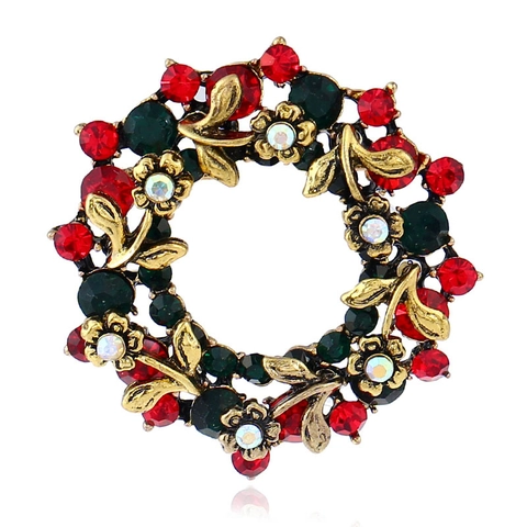 Broche de Corona de Navidad Vintage para Mujer Aleación Strass Diseño Floral de Hojas de Acebo Accesorio de Joyería