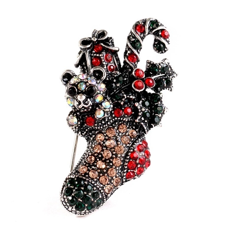Broche Chaussette de Noël Vintage Avec Ours Sucre d'orge Strass Alliage Épingle Festive Bijoux Pour Femmes Cadeau de Noël