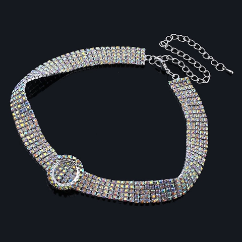 Eleganter Kupfer Mehrreihig Strass Choker Halskette Runder Schnalle Versilbert Luxuriöser Braut Bankett Schmuck
