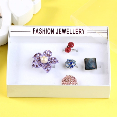 Expositor de Anillos Profesional con 12 Ranuras Caja de Embalaje de Joyas de Cartón Blanco Con Tapa de Ventana Transparente Organizador de Regalo