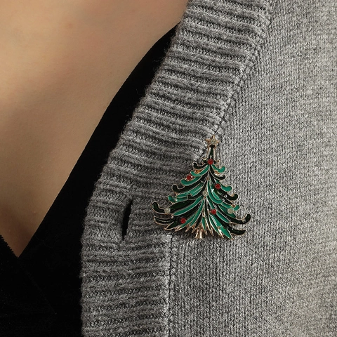 Exquise Broche Sapin de Noël en Alliage Émail Vert avec Strass Rouges et Blancs pour Femme Bijoux de Fête de Noël Cadeau