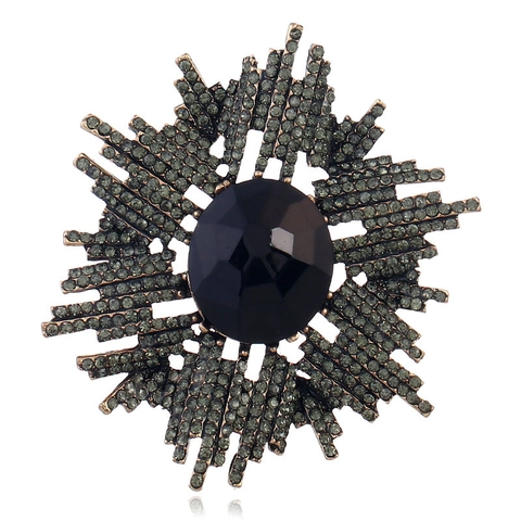 Vintage Alloy Radiant Sunburst Brooch For Women Antique Gold Plated Abstract Geometric Rhinestone Brooch Creative Fashion Jewelry