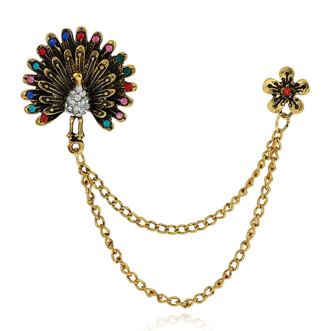 Vintage Alloy Peacock Tassel Chain Brooch Pin Multi Colored Rhinestone Luxurious Double Lapel Pin Jewelry For Women