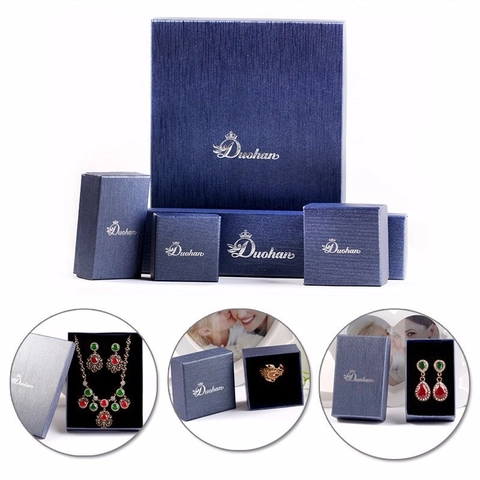 Elegant Deep Blue Brushed Texture Jewelry Gift Box For Necklace Ring Earring Storage Case With Black Flocking Insert