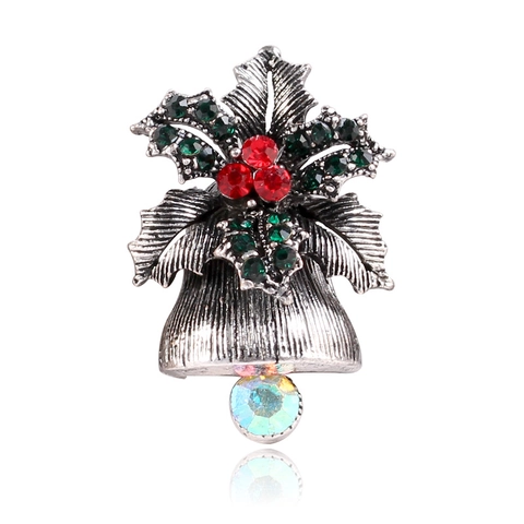 Vintage Christmas Bell Brooch For Women Alloy Rhinestone Holly Leaf Pins Fashion Holiday Gift Winter Jewelry Accessory