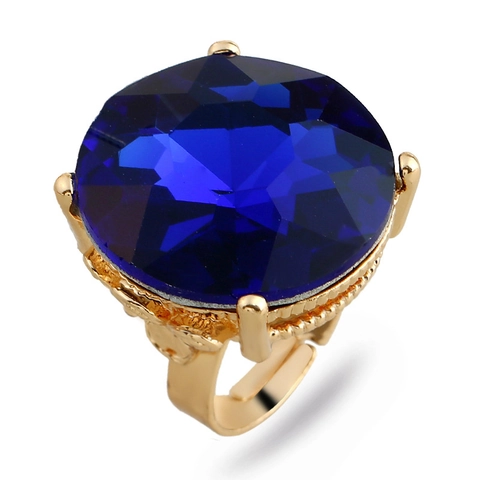 Vintage Alloy Large Round Crystal Gemstone Ring Gold Plated Adjustable Cocktail Finger Ring For Women Banquet Party Jewelry