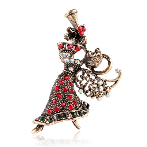 Vintage Alloy Angel Trumpet Brooch With Multicolor Rhinestones Classical European Style Christmas Decorative Pins For Women Jewelry