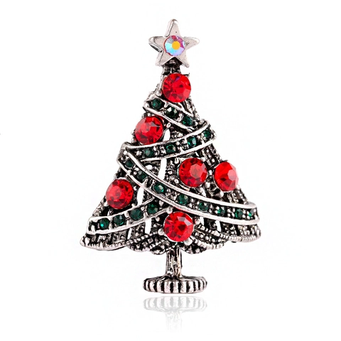 Broche Sapin de Noël en Alliage Vintage Avec Strass Rouges Verts Épingle à Bijoux Festive pour Femme Fête de Noël