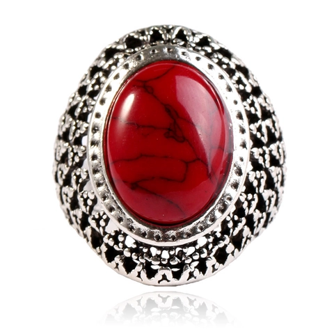 Vintage Oval Turquoise Ring For Men Antique Silver Plated Bohemian Ethnic Filigree Statement Finger Jewelry