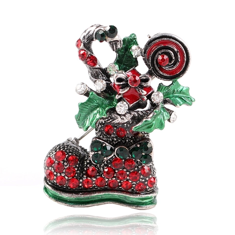 Vintage Christmas Boot Brooch Alloy Rhinestone Enamel Christmas Stocking Pin For Women Festive Party Jewelry Gift