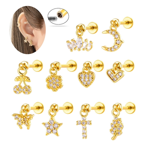 Exquisite Copper Zirconia Labret Lip Stud Earrings Internal Thread Screw Back Pave Micro Inlaid Cherry Heart Star Crown Butterfly Ear Bone Piercing Jewelry For Women