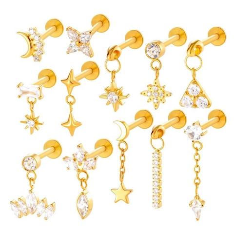 Titanium Alloy Zirconia Internally Threaded Flat Back Ear Cartilage Stud Moon Star Flower Lip Stud Piercing Jewelry Women