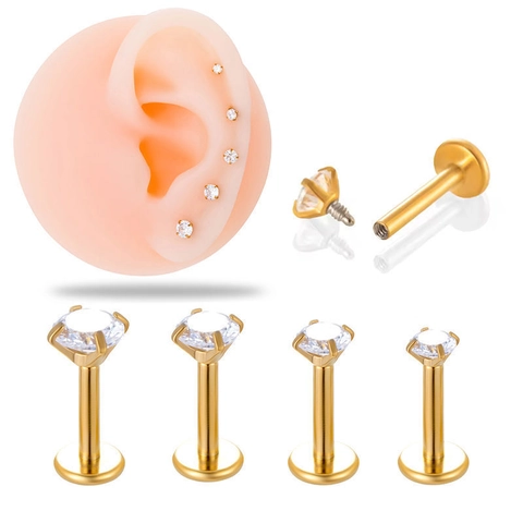 Cubic Zirconia Internally Threaded Lip Stud Stainless Steel Flat Back Ear Cartilage Piercing Jewelry Fashion Women