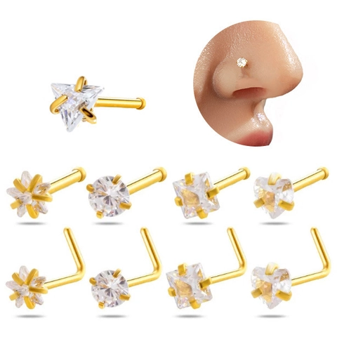 Stainless Steel Nose Studs Zircon Heart Star Round Square Triangle Piercing Jewelry L-Shape Straight Pole Minimalist