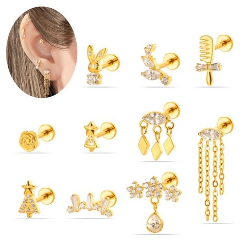 Gioielli Per Piercing Labret In Lega Di Titanio F136 Zircone Albero Di Natale Coniglio Fiore Orecchini Cartilagine