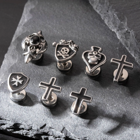 Stainless Steel Stud Earrings Cross Skull Shield Spade Punk Gothic Retro Style Men Women